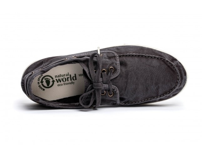 Pantofi din panza Natural World, model Nautico, Negru, aspect Stone-Washed